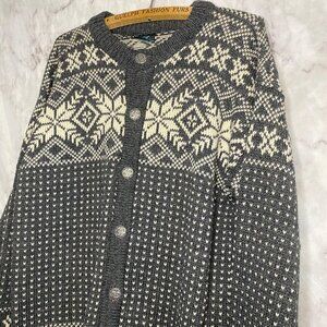Dale of Norway Wool Sweater with snowflake design, silvertone buttons